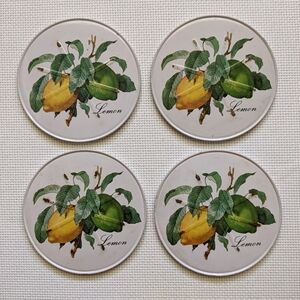 Vintage Coasters Tin with Cork Backing Lemon Lime Made in Japan Set of 4